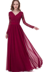 Burgundy A-line Lace V-neck Chiffon Open Back Long Bridesmaid Dresses